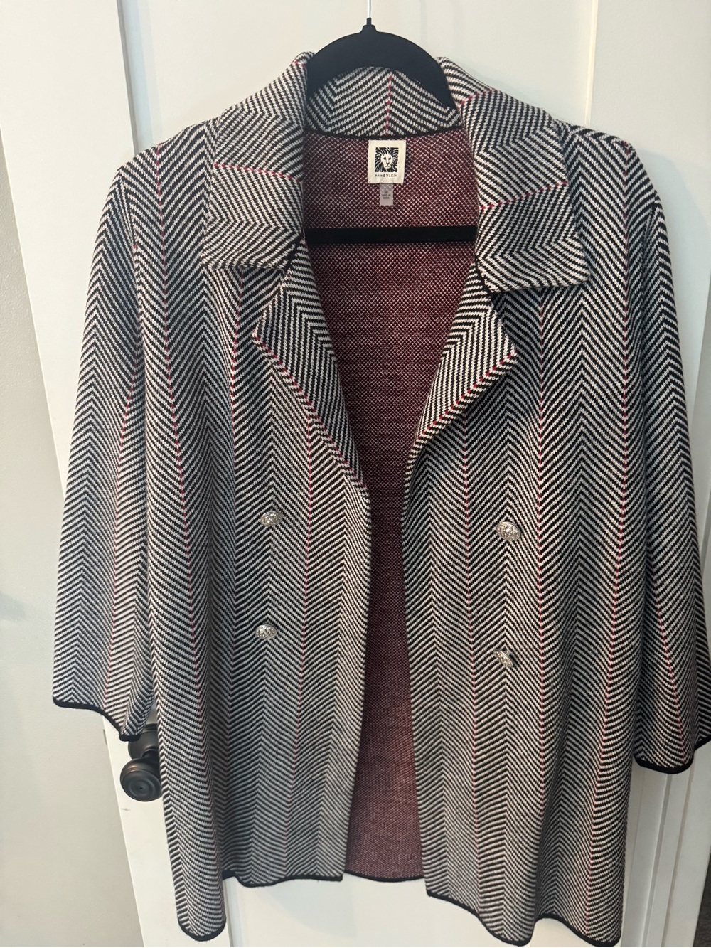 Anne Klein Herringbone Plaid Knit Cardigan Blazer Lion Buttons Women’s Medium